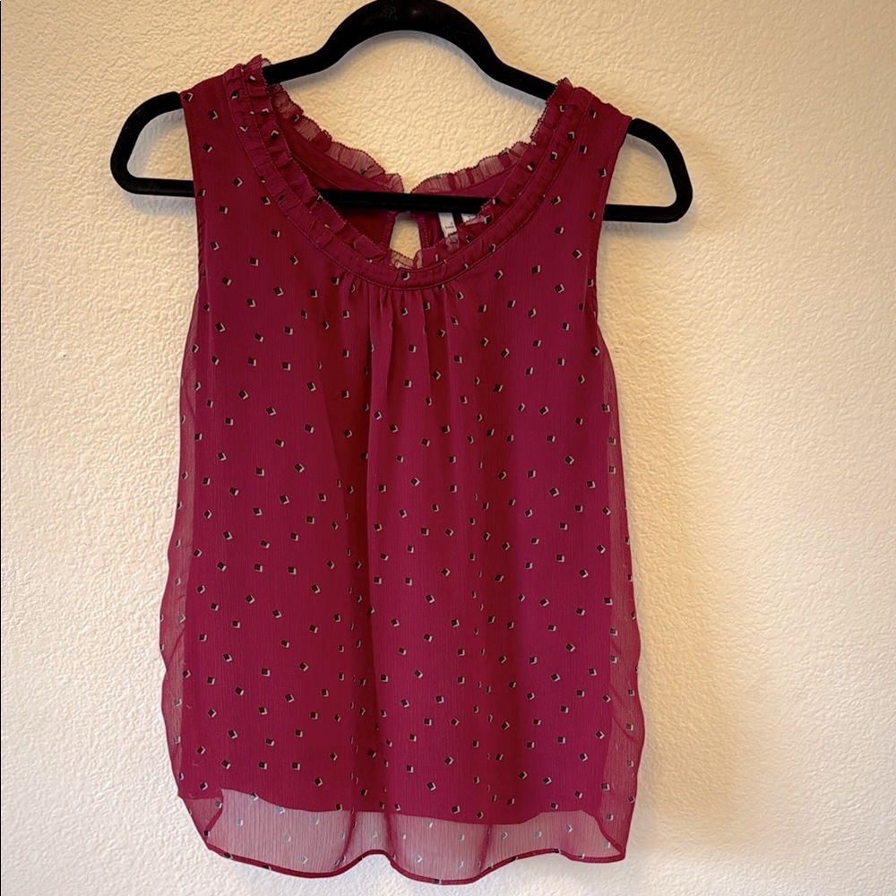 Elle Burgundy Ruffle Neck Mixed Media Tank Top (M)